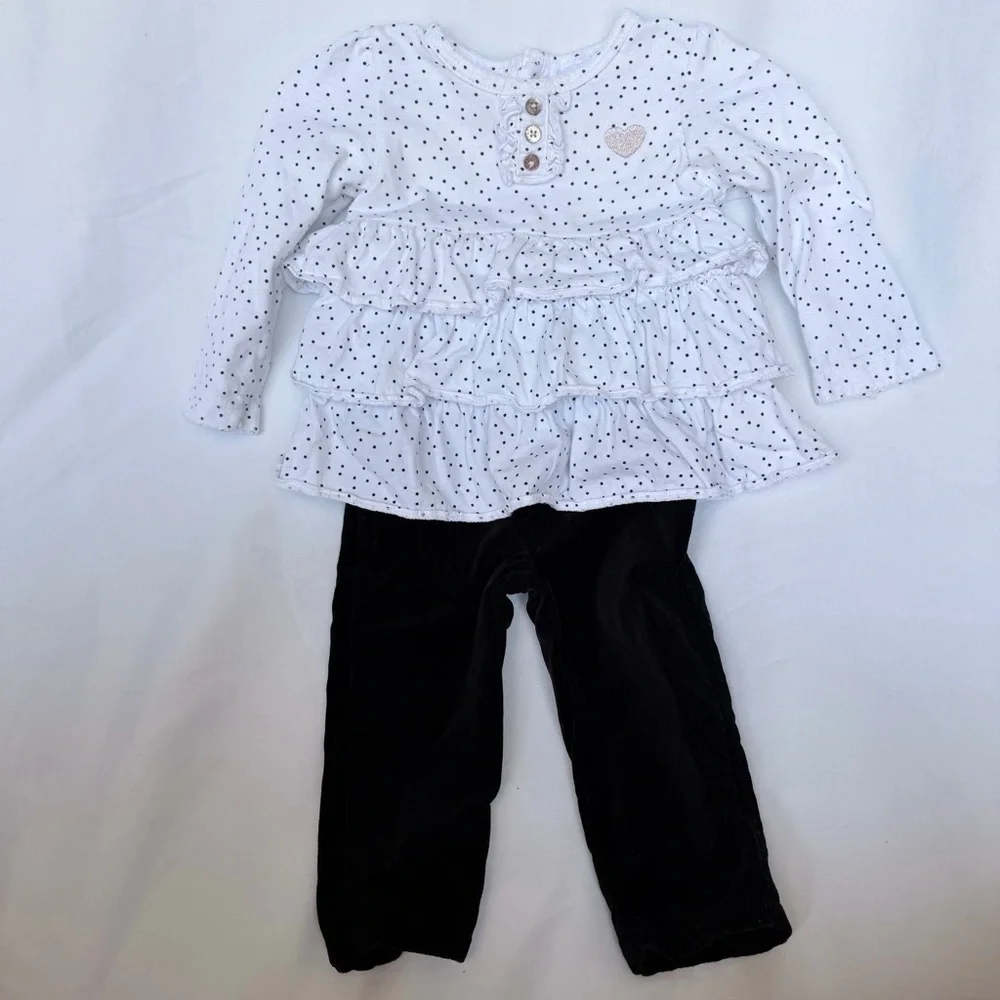 Carter's White Polka Dot Ruffle Top and Black Pants Set